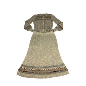 Marisa Christina Two Piece Women's Top Skirt Set Beige Knit Long Sleeve Midi